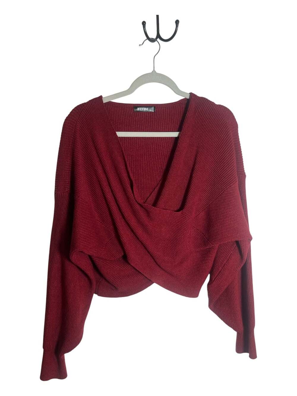 BTFBM Burgundy Ribbed Knit Wrap Cropped Long Sleeve Sweater size M